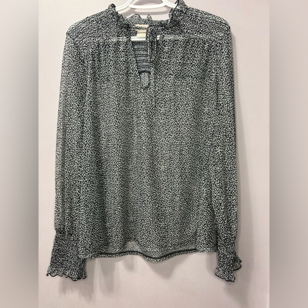 Chico’s Sheer Ruffle Neck Polka Dot Blouse